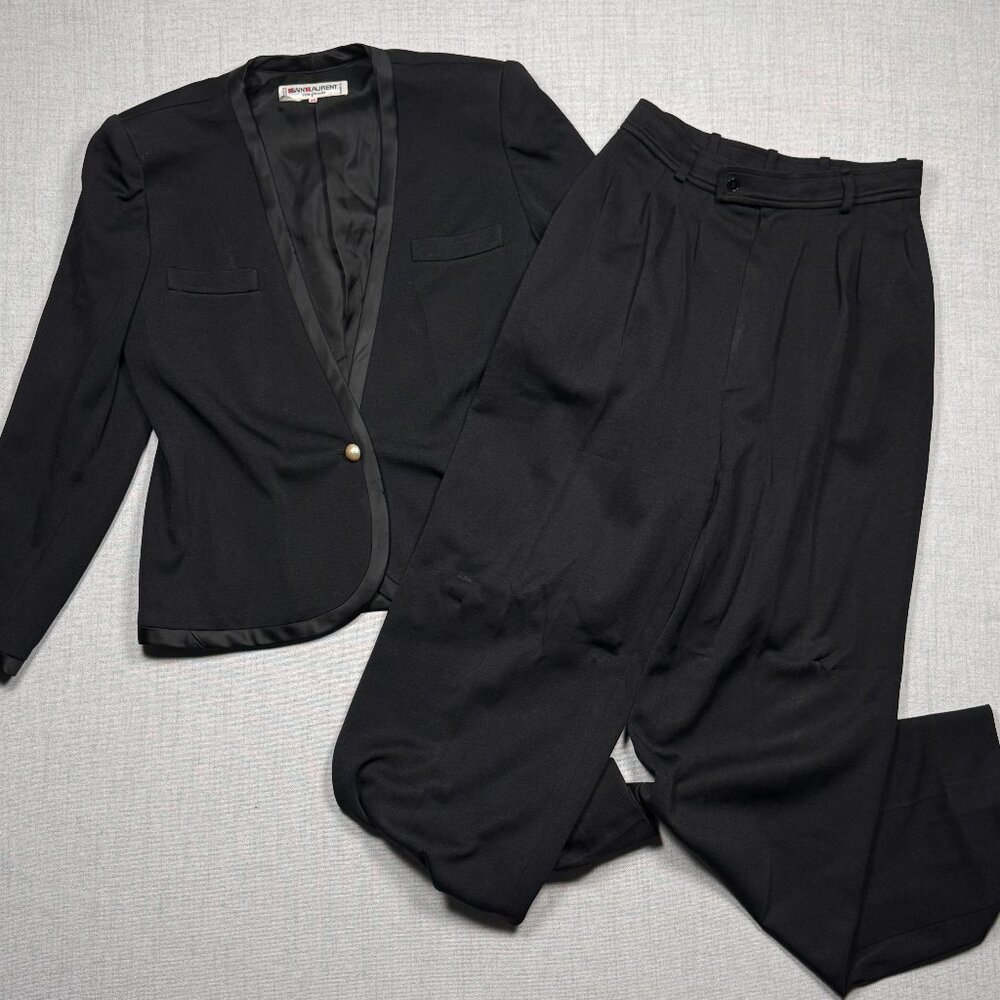 Vintage Saint Laurent Rive Gauche 2 Piece Suit Set Black One Button Size 42